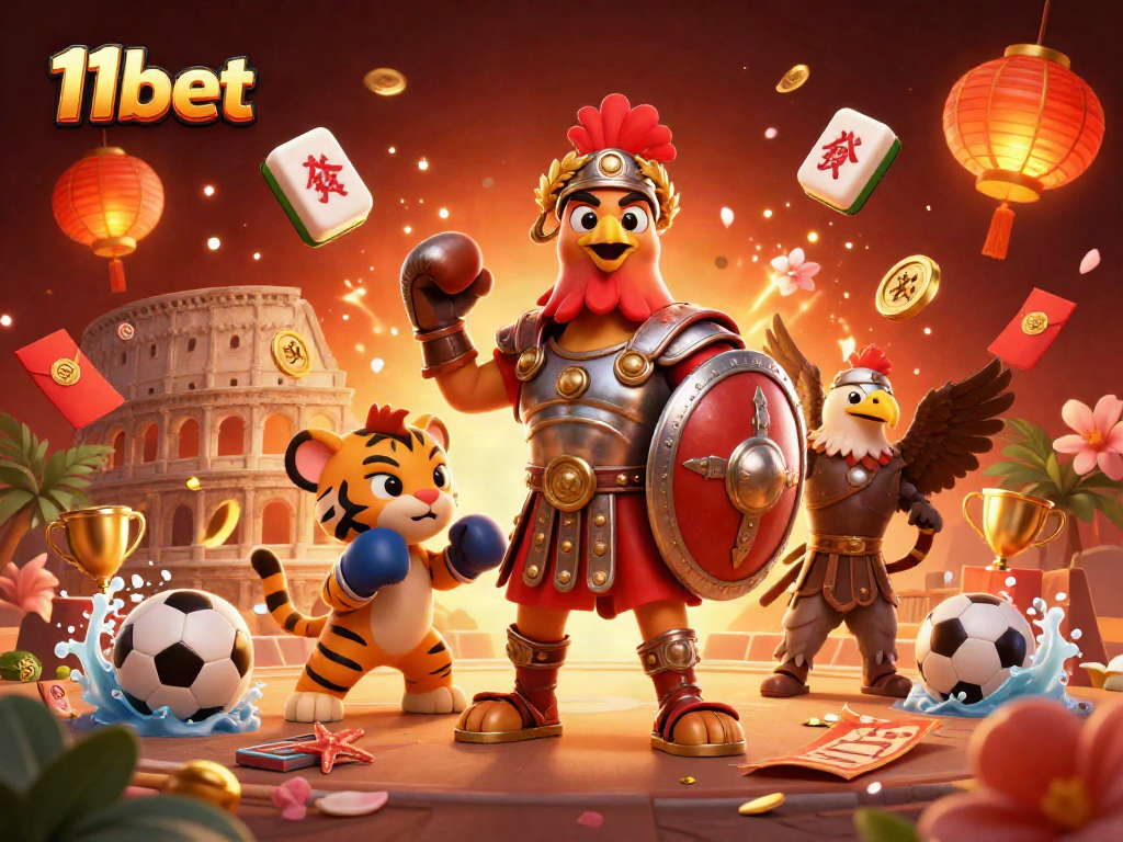 Engage in thrilling sports betting with 11bet featuring dynamic 3D illustrations of action-packed characters and gambling elements.