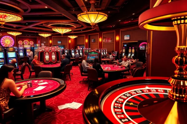 Players enjoying the thrilling atmosphere at Casino FB88 with poker chips and slot machines.