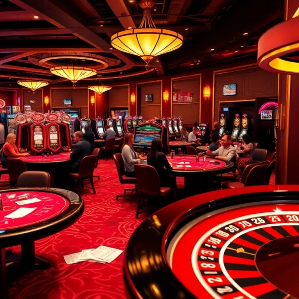 Players enjoying the thrilling atmosphere at Casino FB88 with poker chips and slot machines.
