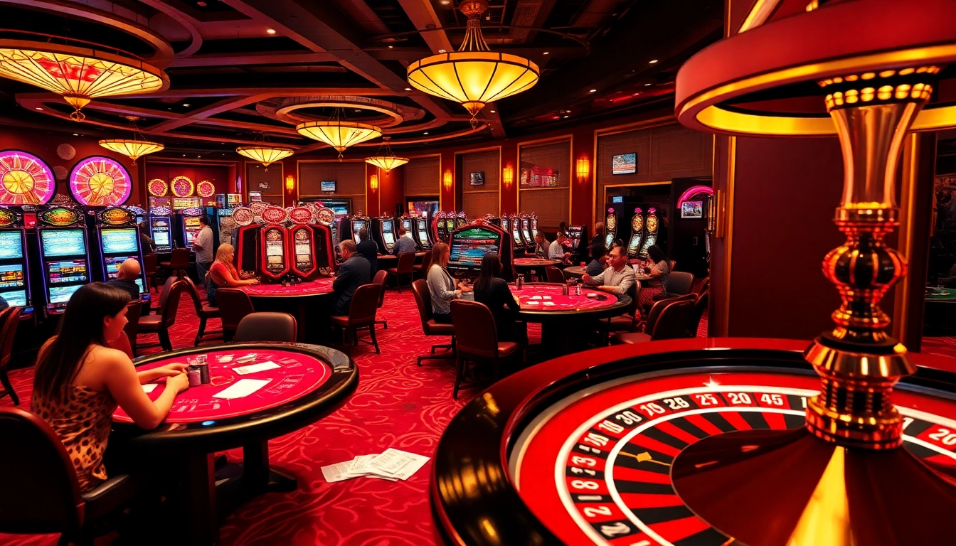 Players enjoying the thrilling atmosphere at Casino FB88 with poker chips and slot machines.