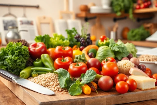 Vibrant spread of Healthy Food showcasing fresh fruits, vegetables, and lean proteins on a wooden table.