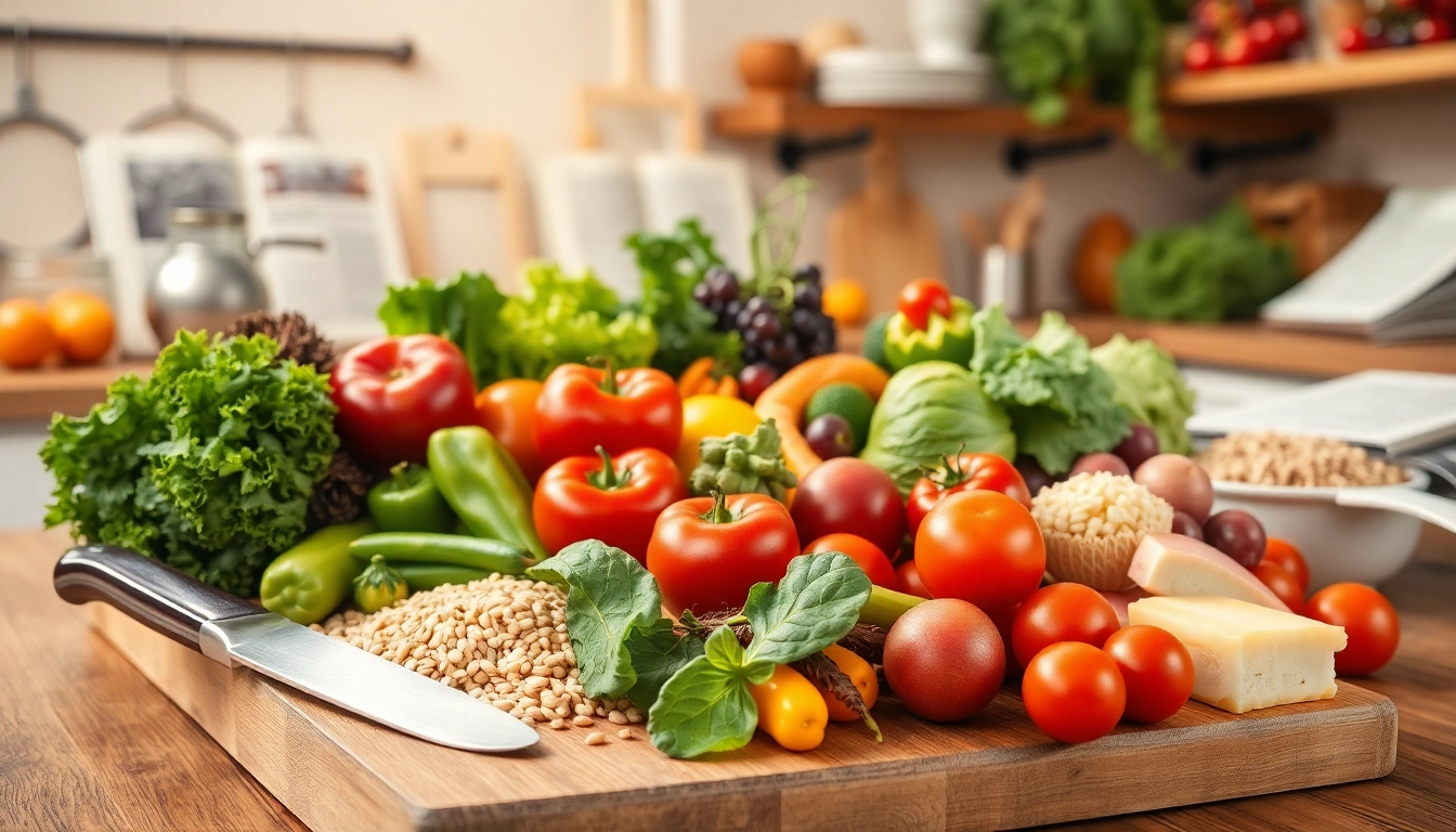 Vibrant spread of Healthy Food showcasing fresh fruits, vegetables, and lean proteins on a wooden table.