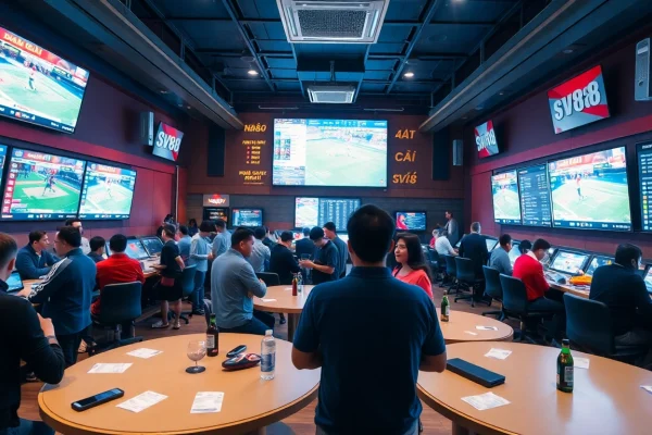 Experience the excitement of Nhà Cái SV88 with enthusiastic bettors in a vibrant sports betting environment.