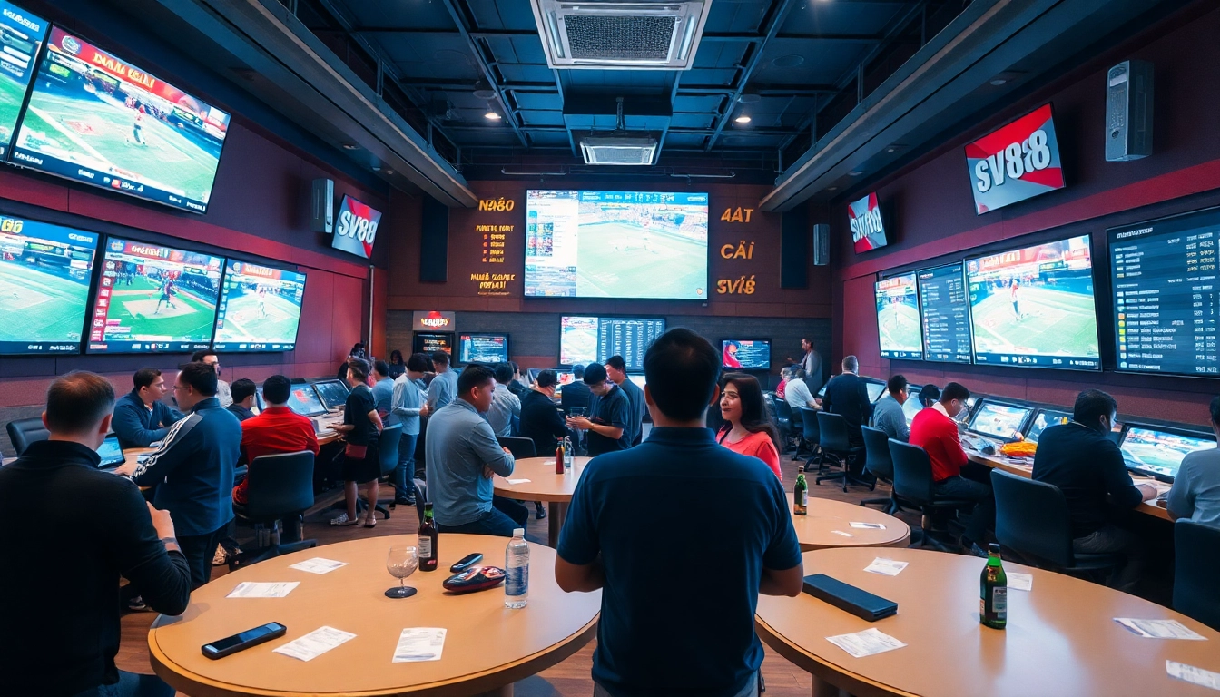 Experience the excitement of Nhà Cái SV88 with enthusiastic bettors in a vibrant sports betting environment.