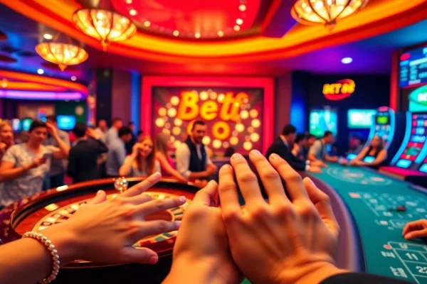 Exciting scene at the nhà cái BET88 casino with players at roulette and blackjack tables.