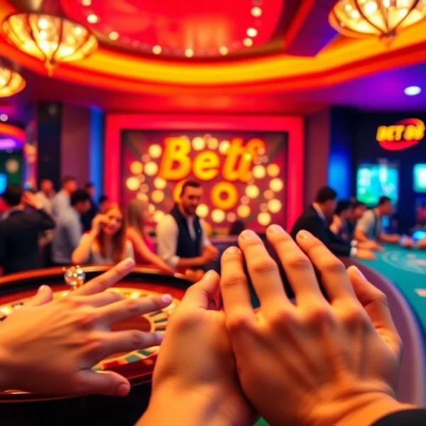 Exciting scene at the nhà cái BET88 casino with players at roulette and blackjack tables.