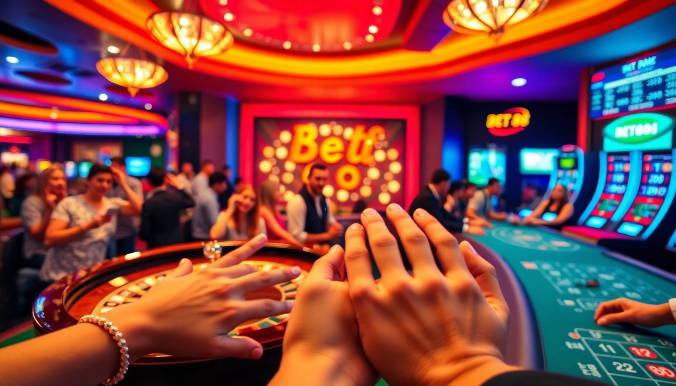 Exciting scene at the nhà cái BET88 casino with players at roulette and blackjack tables.