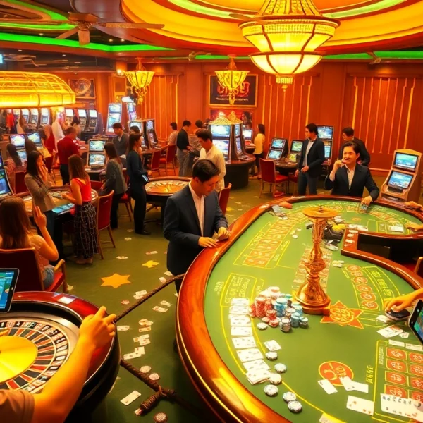 Players enjoying bắn cá online in a lively casino environment filled with vibrant tables and cheering crowds.