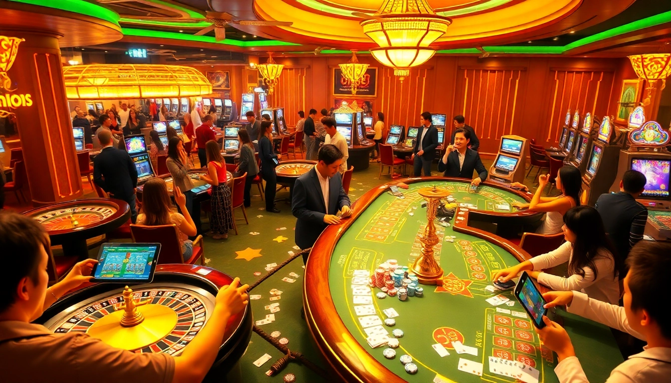 Players enjoying bắn cá online in a lively casino environment filled with vibrant tables and cheering crowds.