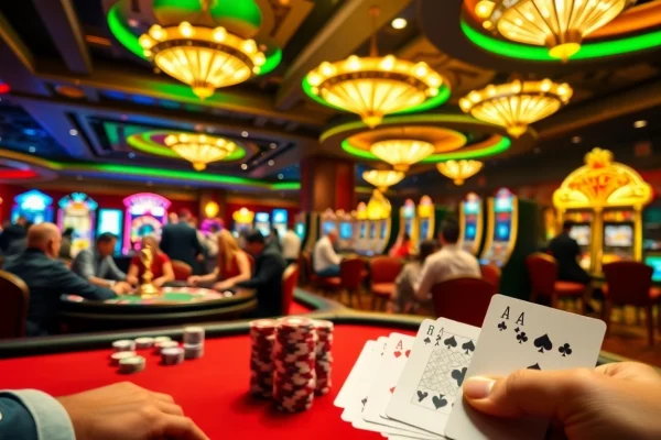 Players enjoying thrilling game bài đổi thưởng at a vibrant casino atmosphere with poker and slots.
