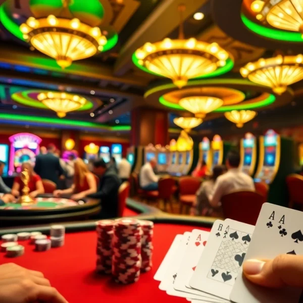 Players enjoying thrilling game bài đổi thưởng at a vibrant casino atmosphere with poker and slots.