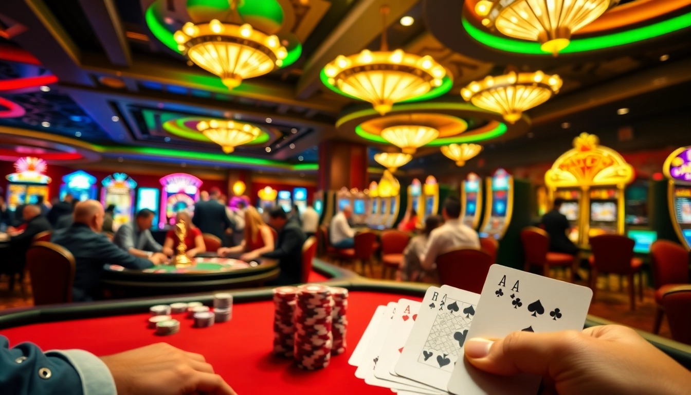 Players enjoying thrilling game bài đổi thưởng at a vibrant casino atmosphere with poker and slots.