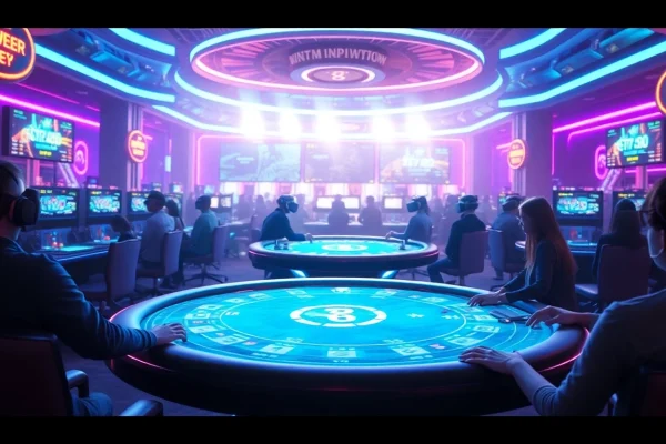 Experience New Technology in a futuristic virtual reality casino with holographic gameplay elements.