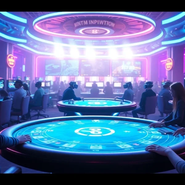 Experience New Technology in a futuristic virtual reality casino with holographic gameplay elements.