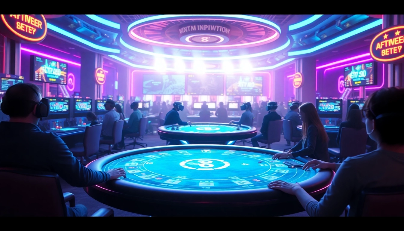 Experience New Technology in a futuristic virtual reality casino with holographic gameplay elements.