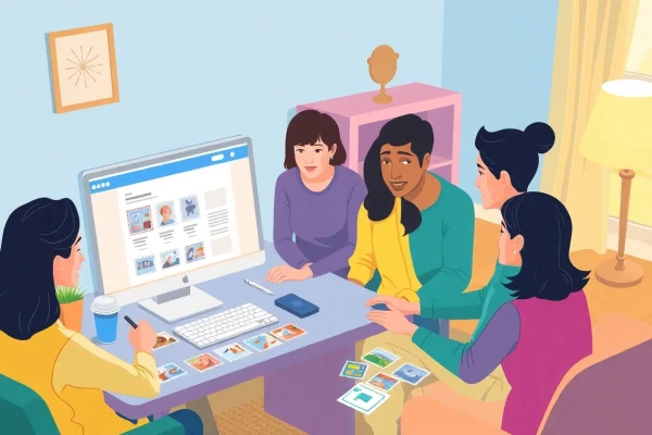 People happily buying postage stamps online while browsing colorful options at their desk.