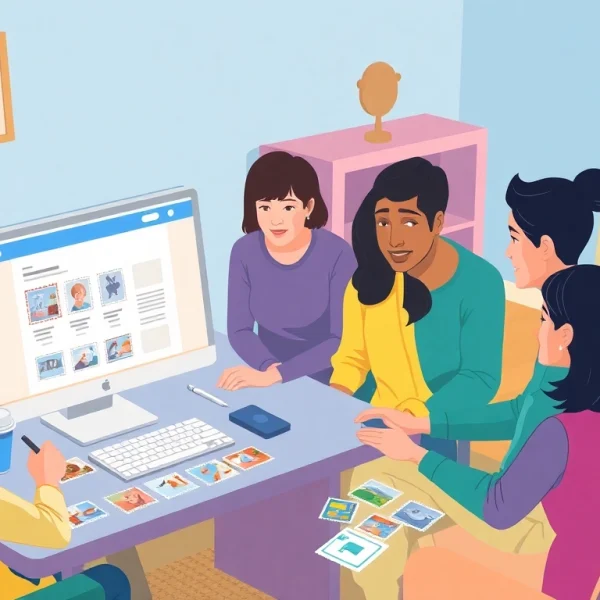 People happily buying postage stamps online while browsing colorful options at their desk.