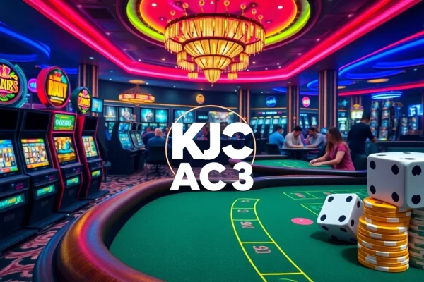 A lively KJC AC 3 casino scene showcasing various gaming tables and slot machines in vibrant colors.