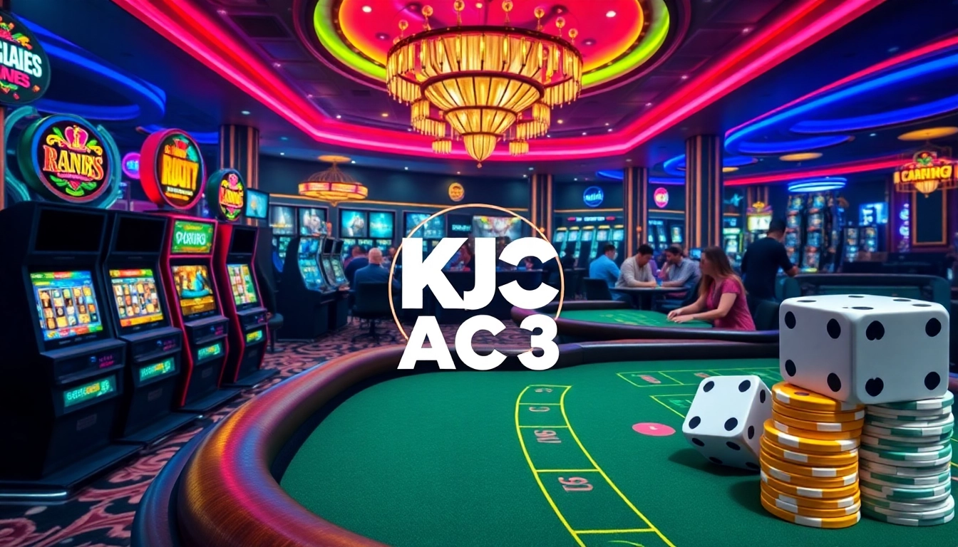 A lively KJC AC 3 casino scene showcasing various gaming tables and slot machines in vibrant colors.