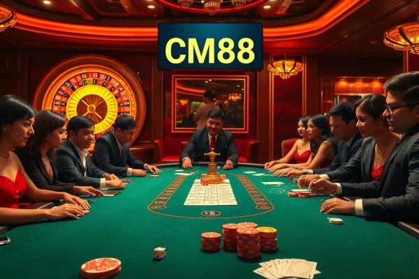 Experience the thrill of high-stakes poker at CM88 casino, with vibrant chips and eager players.