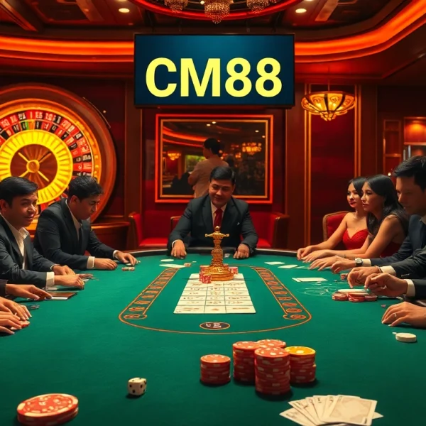 Experience the thrill of high-stakes poker at CM88 casino, with vibrant chips and eager players.