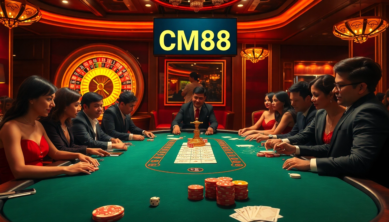 Experience the thrill of high-stakes poker at CM88 casino, with vibrant chips and eager players.