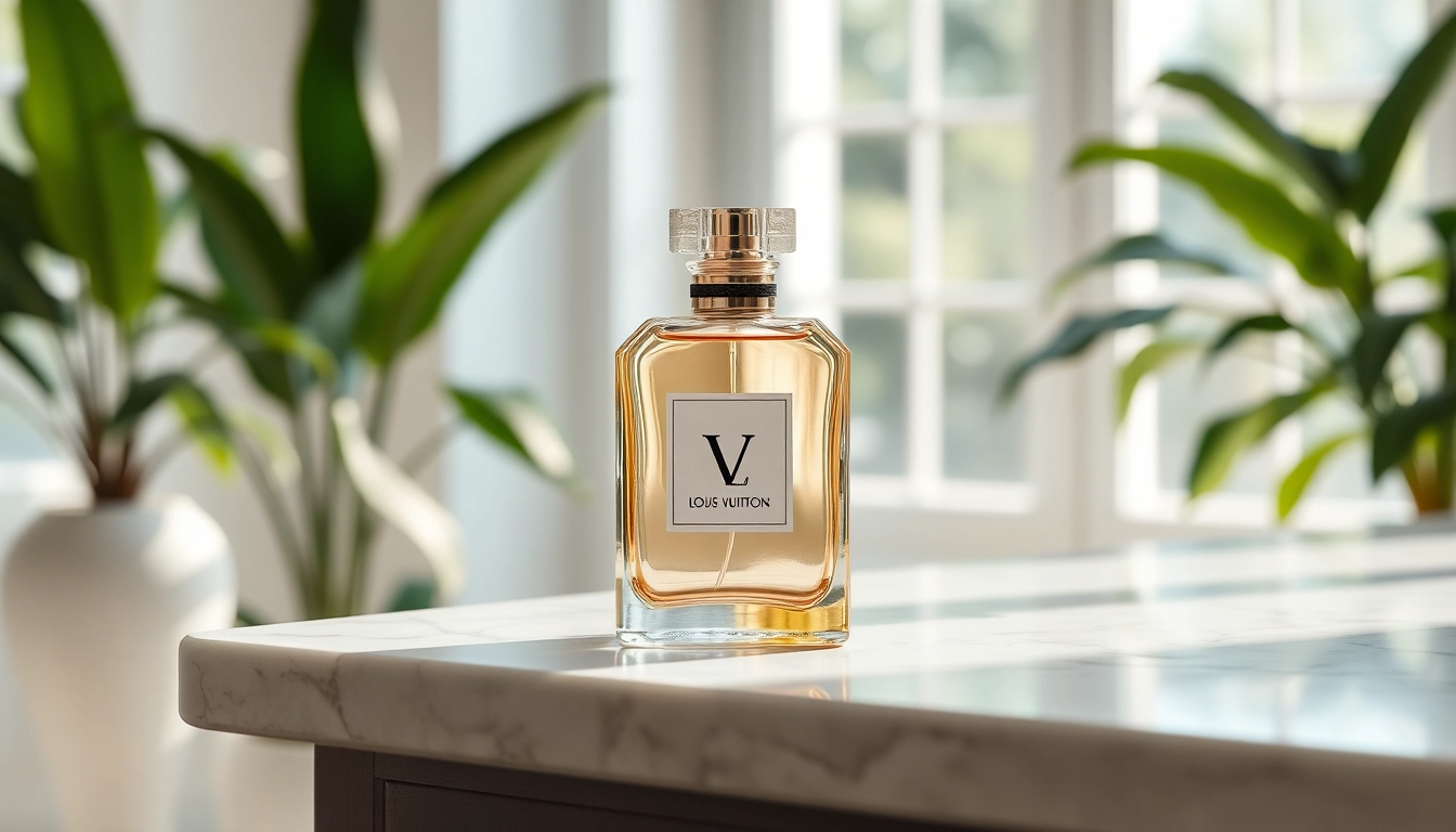 Showcasing a Louis Vuitton perfume dupe bottle elegantly set against a minimalist backdrop, highlighting luxury.