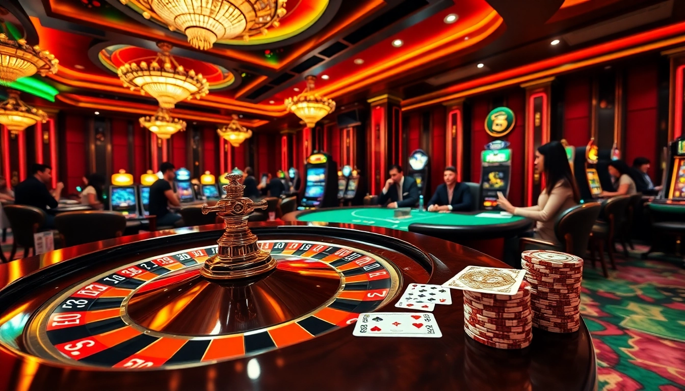 Players enjoying a thrilling game experience at QQ 88 casino with vibrant tables and slot machines.