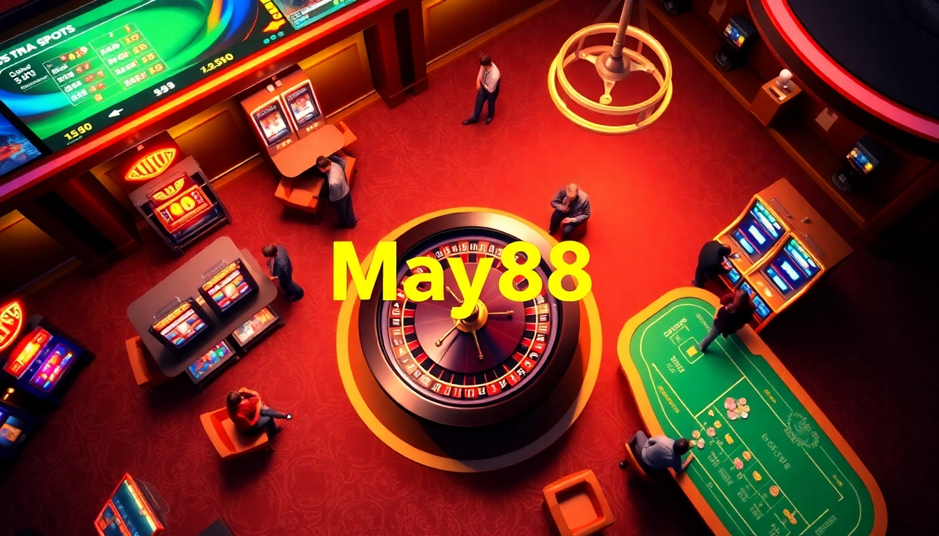 Experience the thrill of May88 with an exciting online casino scene featuring a roulette wheel and vibrant slot machines.