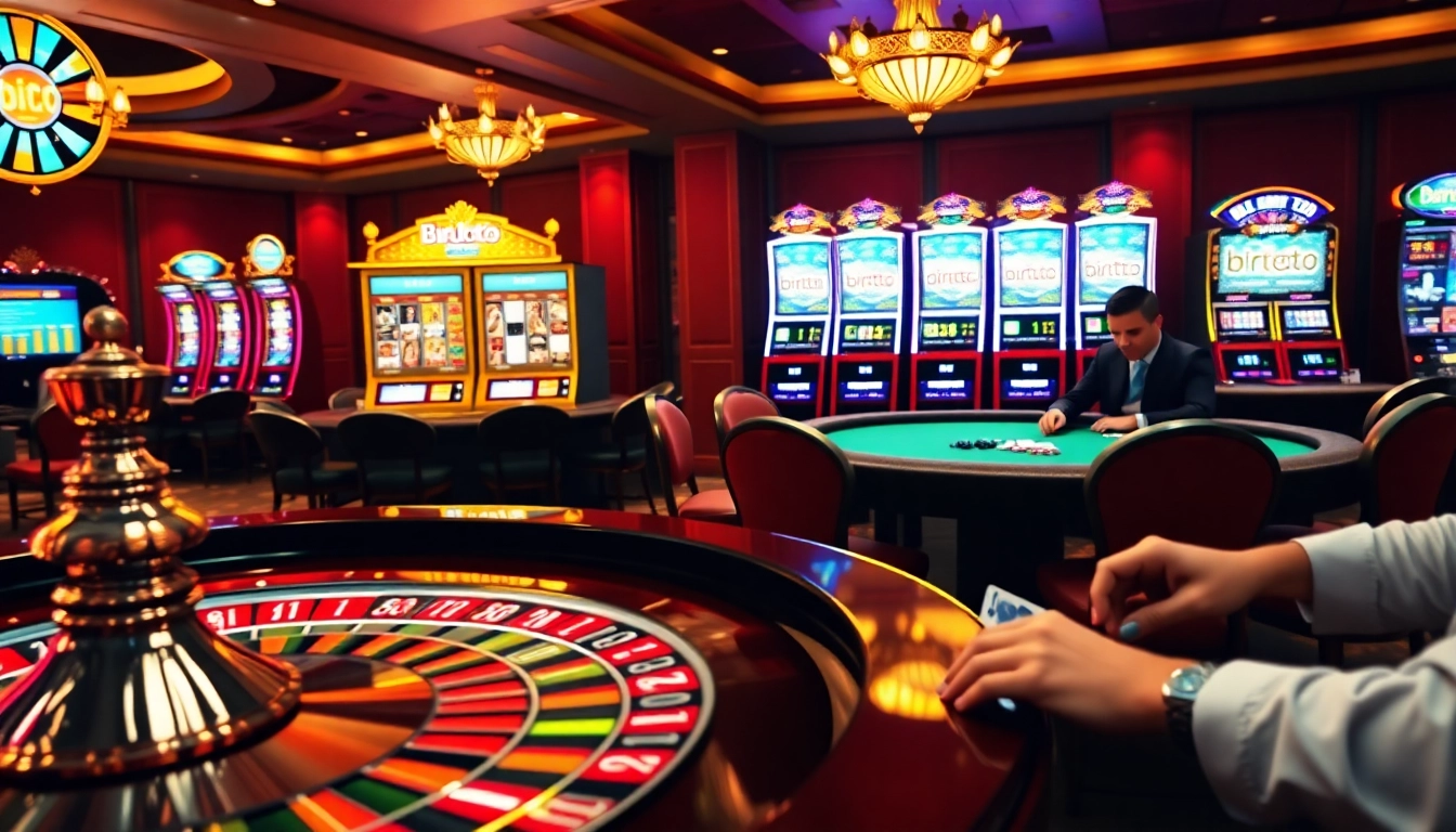 Experience thrilling gameplay at birutoto's luxurious casino, featuring vibrant tables and slot machines.