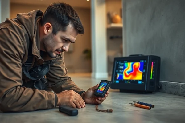 Detecting a leak in concrete floor using advanced thermal imaging technology by a professional technician.
