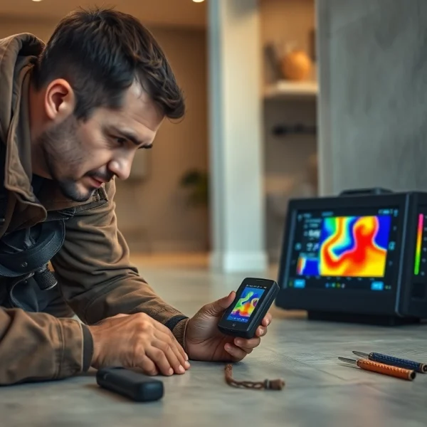 Detecting a leak in concrete floor using advanced thermal imaging technology by a professional technician.
