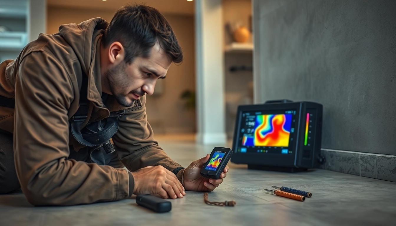 Detecting a leak in concrete floor using advanced thermal imaging technology by a professional technician.