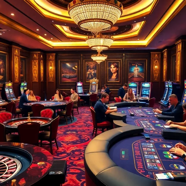 Players engaging in thrilling games at a luxurious casino while discussing rumors of uk88 bị sập.