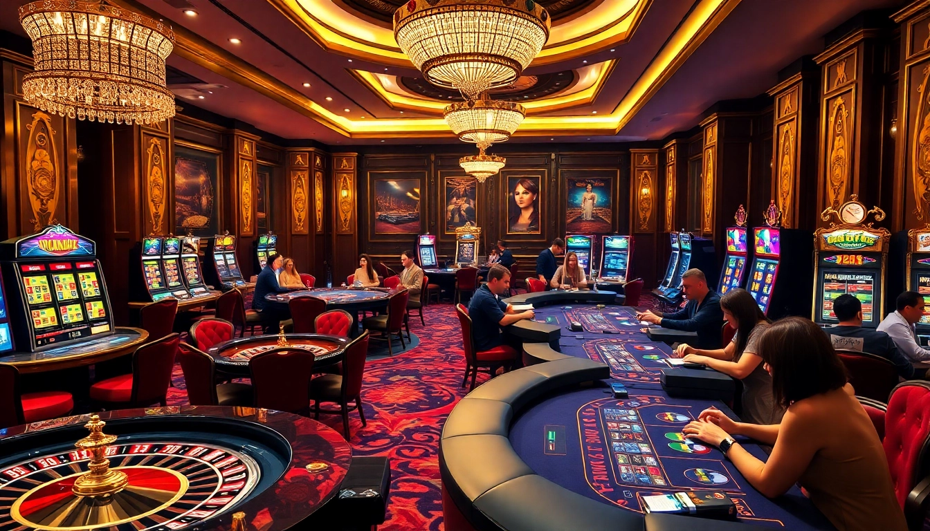 Players engaging in thrilling games at a luxurious casino while discussing rumors of uk88 bị sập.
