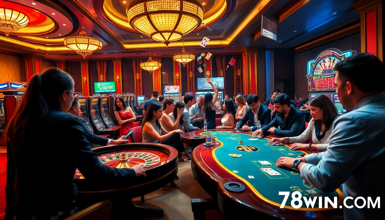 Players enjoying thrilling games at 78WIN.COM casino with vibrant lights and luxurious atmosphere.