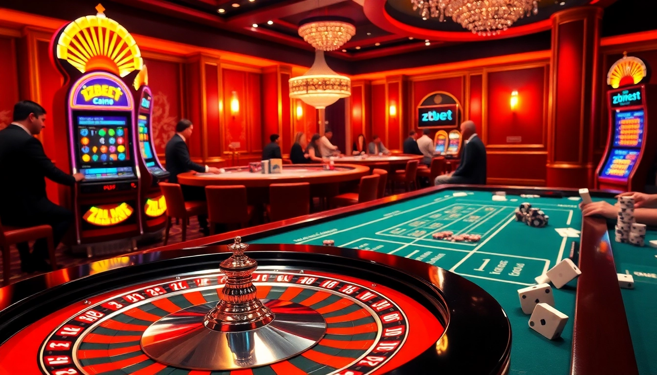 Zbet me features enthusiastic players engaging at a luxurious casino table, with vibrant lights and action.