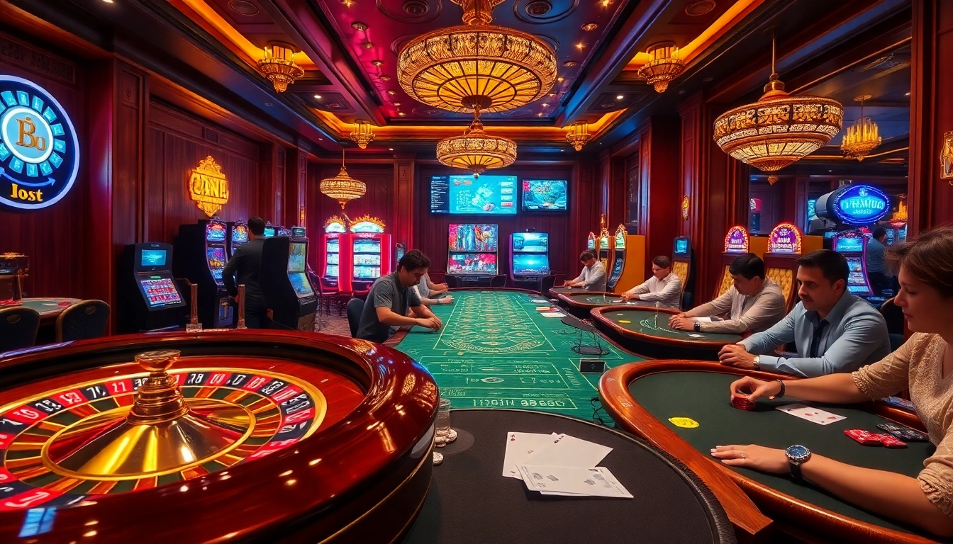 Engaging scene of players involved in casino games at nhà cái 888b, showcasing excitement and luxury.