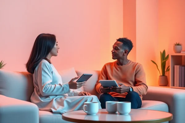 Couple discussing sex ai with a chatbot on a digital device in a modern, cozy setting.