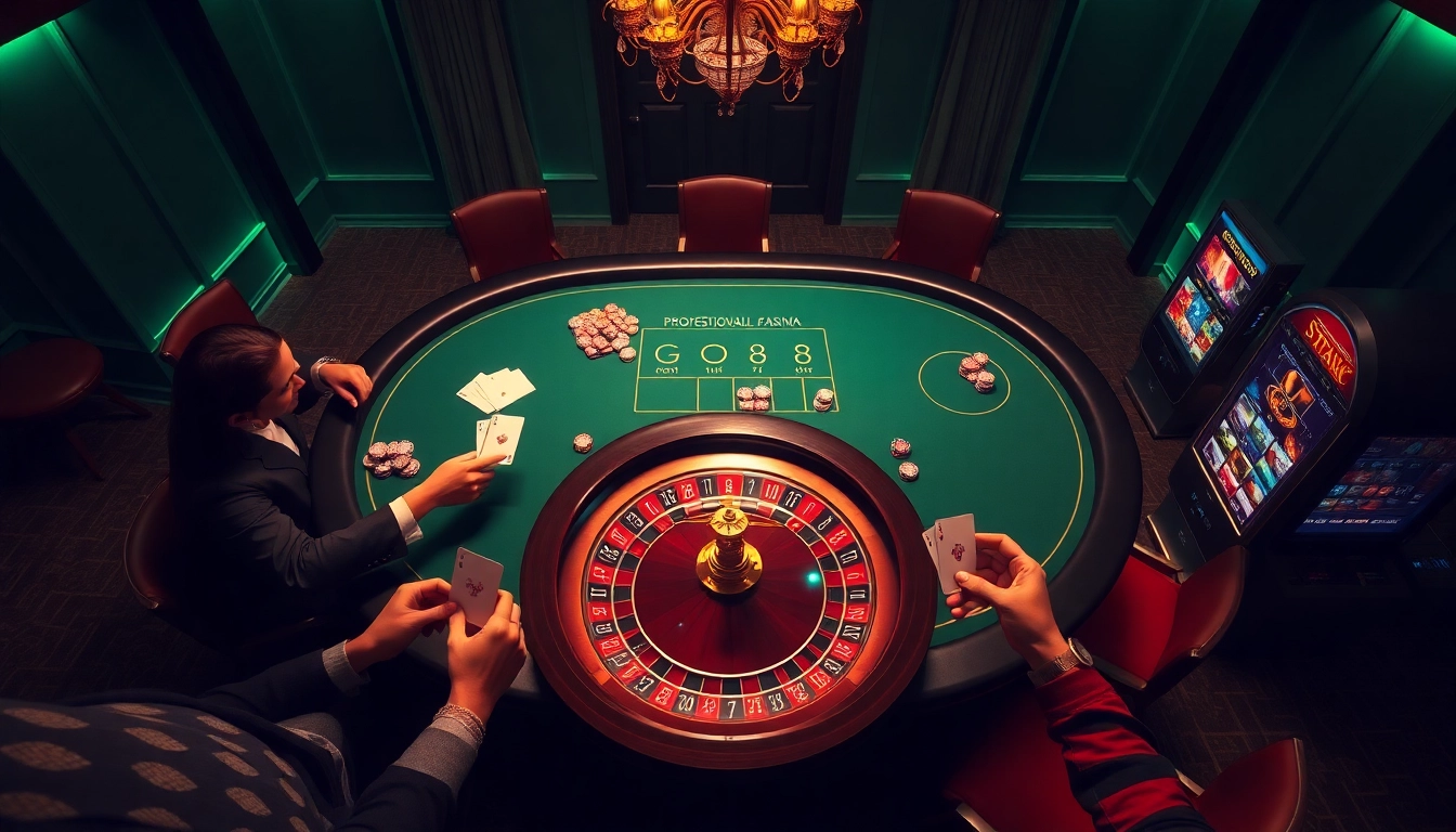 Exciting poker gameplay at Go8 casino with vibrant chips and roulette table.