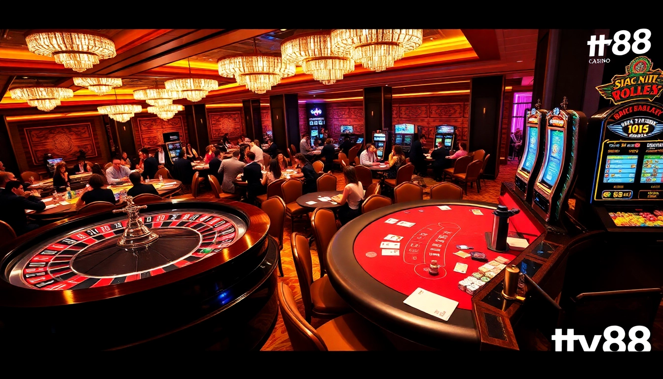 Experience the excitement of gaming at TV88 casino, featuring vibrant tables and dynamic slot machines.