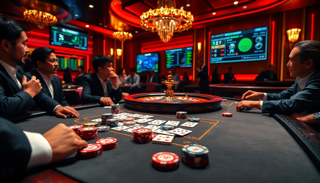 Engaging scene of nhận định kèo nhà cái with players analyzing poker strategies at a casino table.