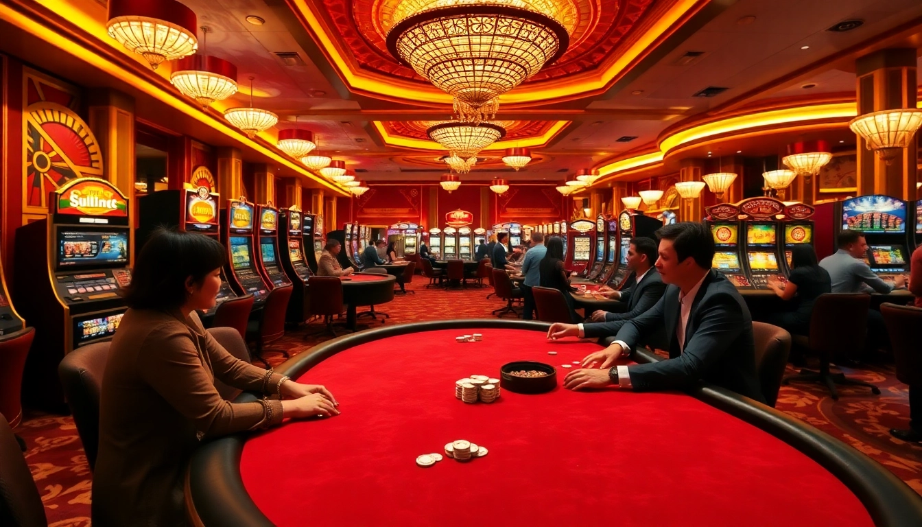KJC casino gaming scene with luxury poker players and vibrant slot machines.