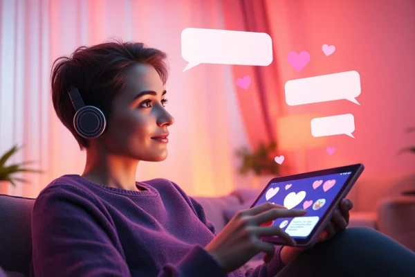 Explore engaging ai sex chat conversations in a warm, modern setting with digital elements and playful mood.