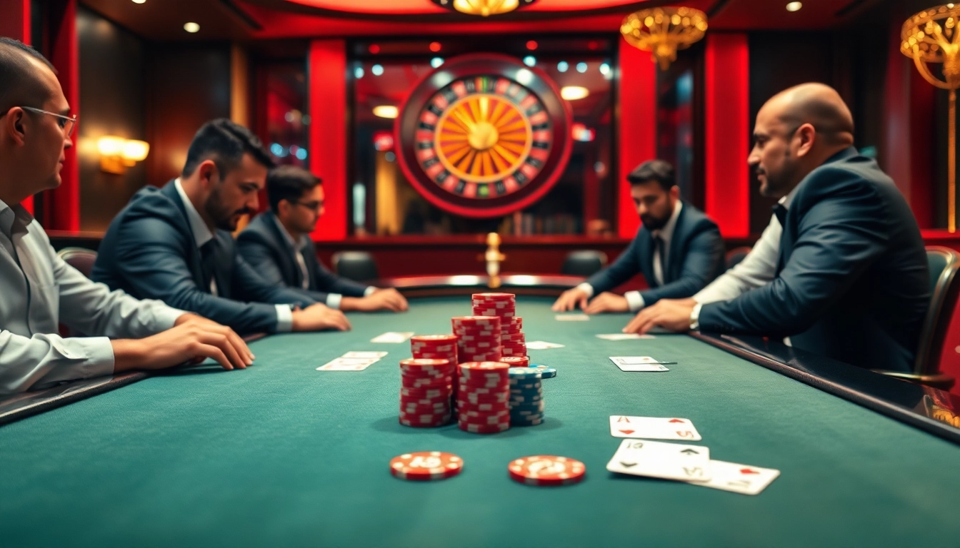 KJC poker players engaging in a high-stakes game with vibrant chips and cards.