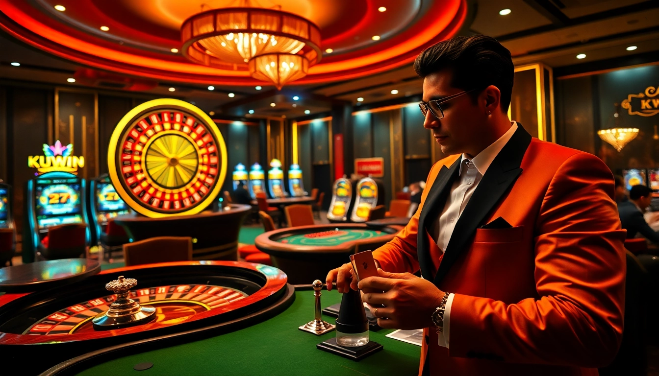 Kuwin casino gaming scene with luxurious roulette and poker tables highlighting excitement and thrill.