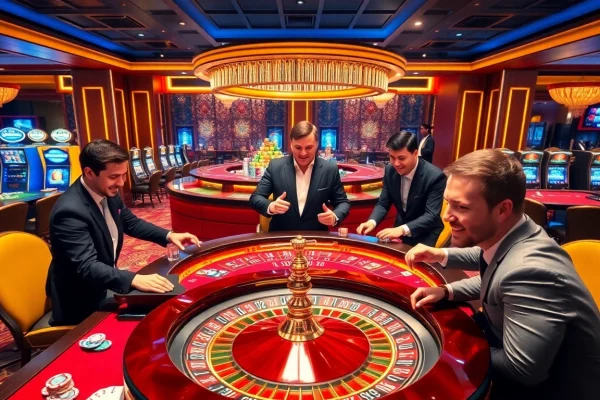 Experience thrilling gameplay at https://vnew88.vip/ with vibrant casino scenes featuring poker tables and roulette wheels.