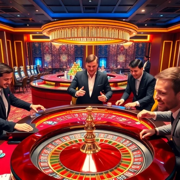 Experience thrilling gameplay at https://vnew88.vip/ with vibrant casino scenes featuring poker tables and roulette wheels.