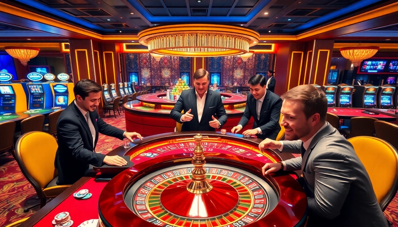 Experience thrilling gameplay at https://vnew88.vip/ with vibrant casino scenes featuring poker tables and roulette wheels.