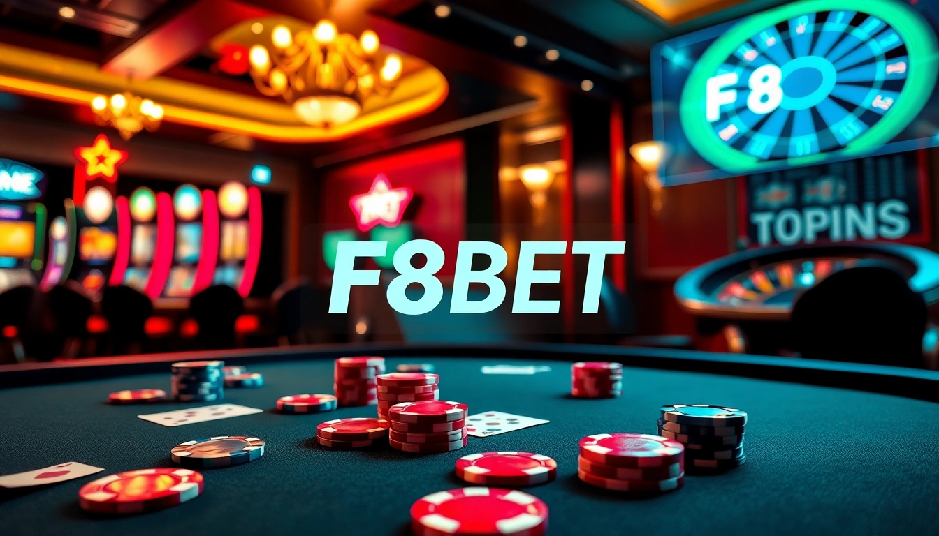 Exciting casino atmosphere with F8BET branding, poker chips, and roulette wheel.